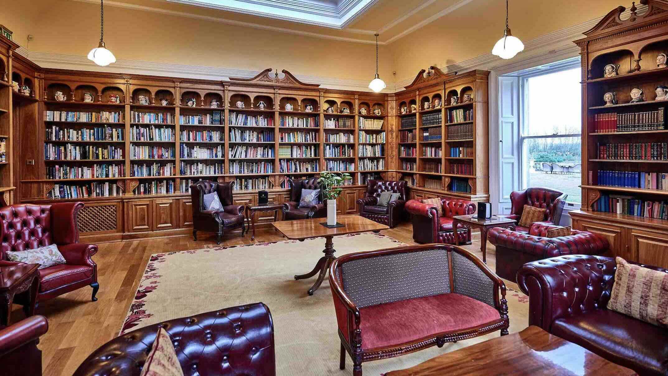 Doxford Hall's amenities include a fine dining restaurant, spa, and its sumptuous library
