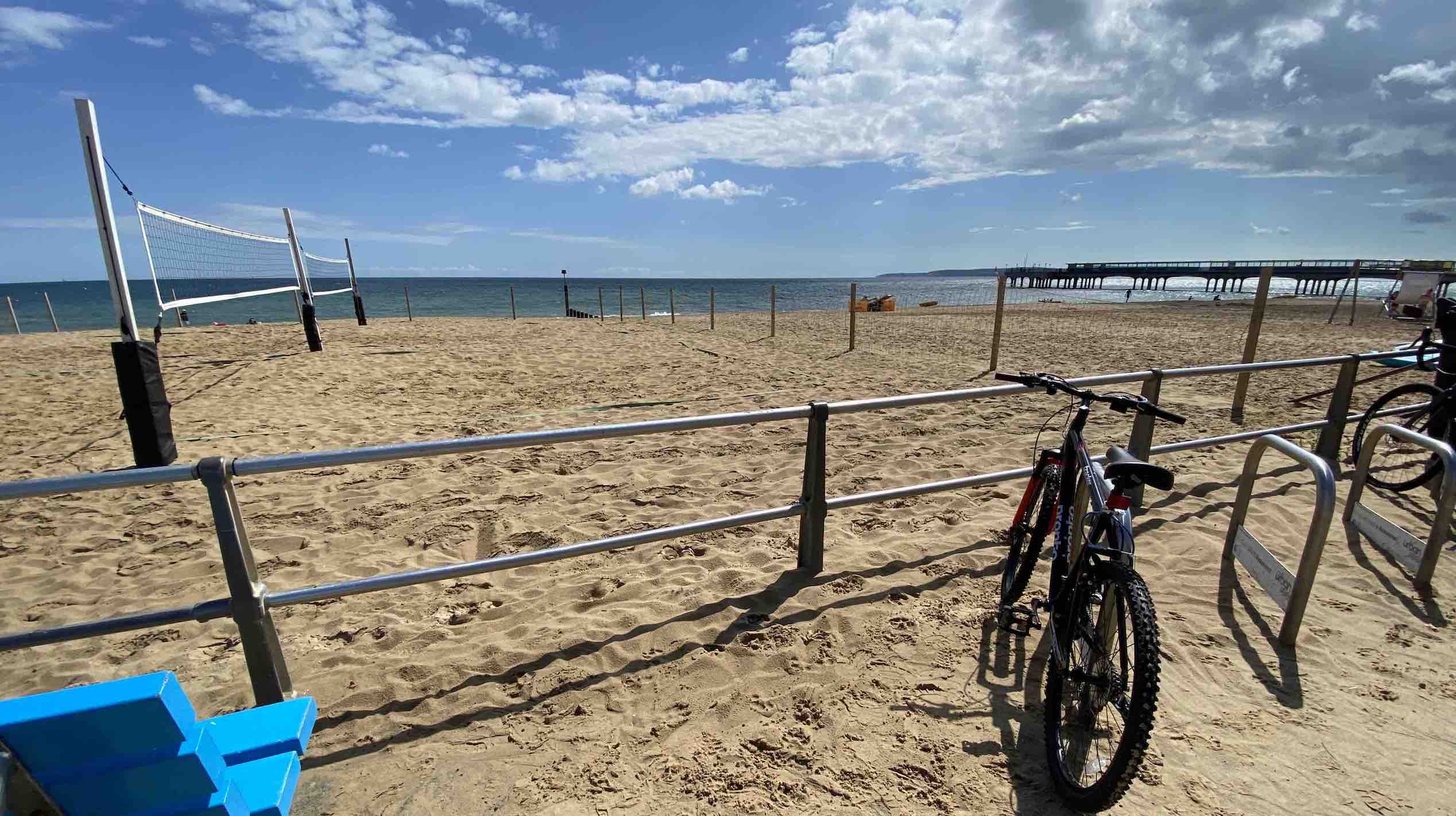 Amarillo Guesthouse's Bertie the bike on the beach in Boscombe Bournemouth