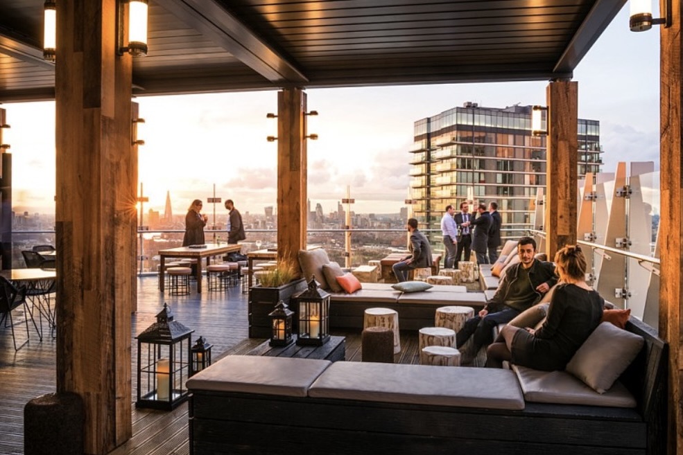 Bokan Rooftop Bar London terrace with view at sunset