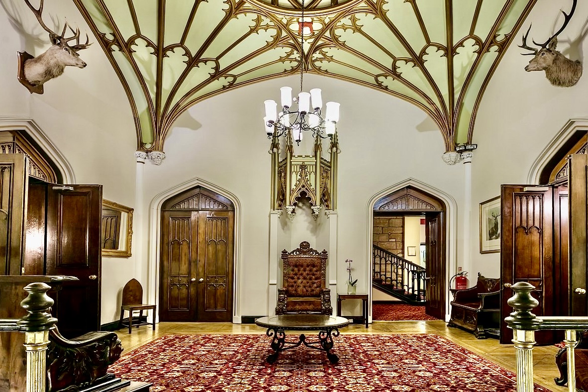 Dalhousie Castle Hotel interior hall at one of the best luxury castle hotels in Scotland