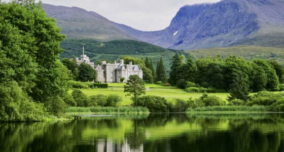 Inverlochy exterior from lake with mountains at one of the best 5-star castle hotels in Scotland