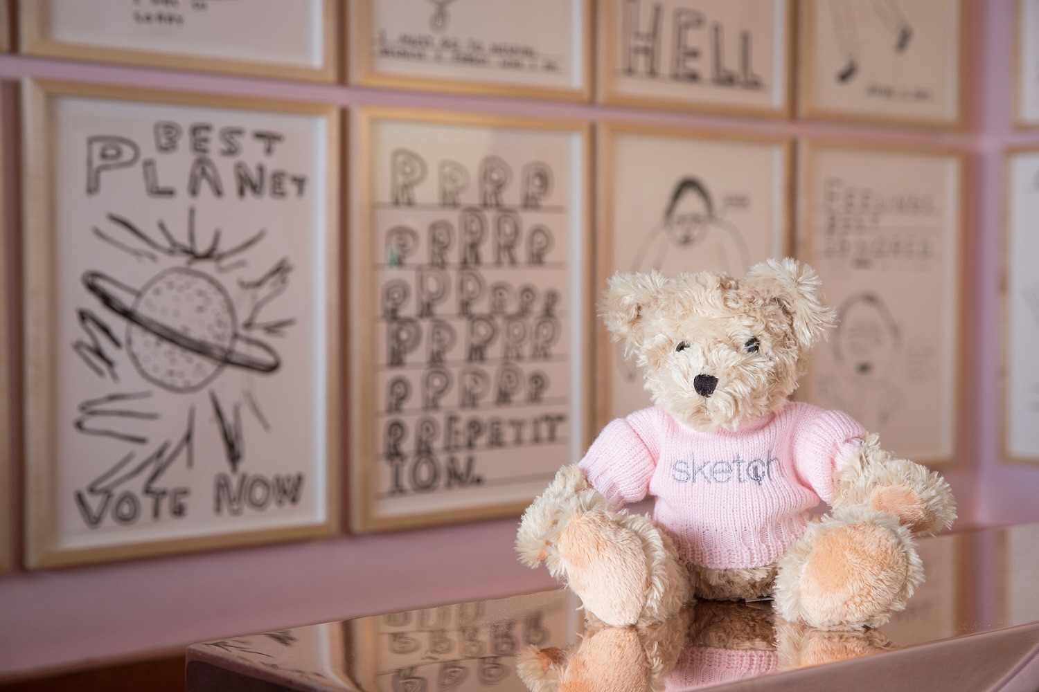 Pink is always in style at sketch as with this teddy bear
