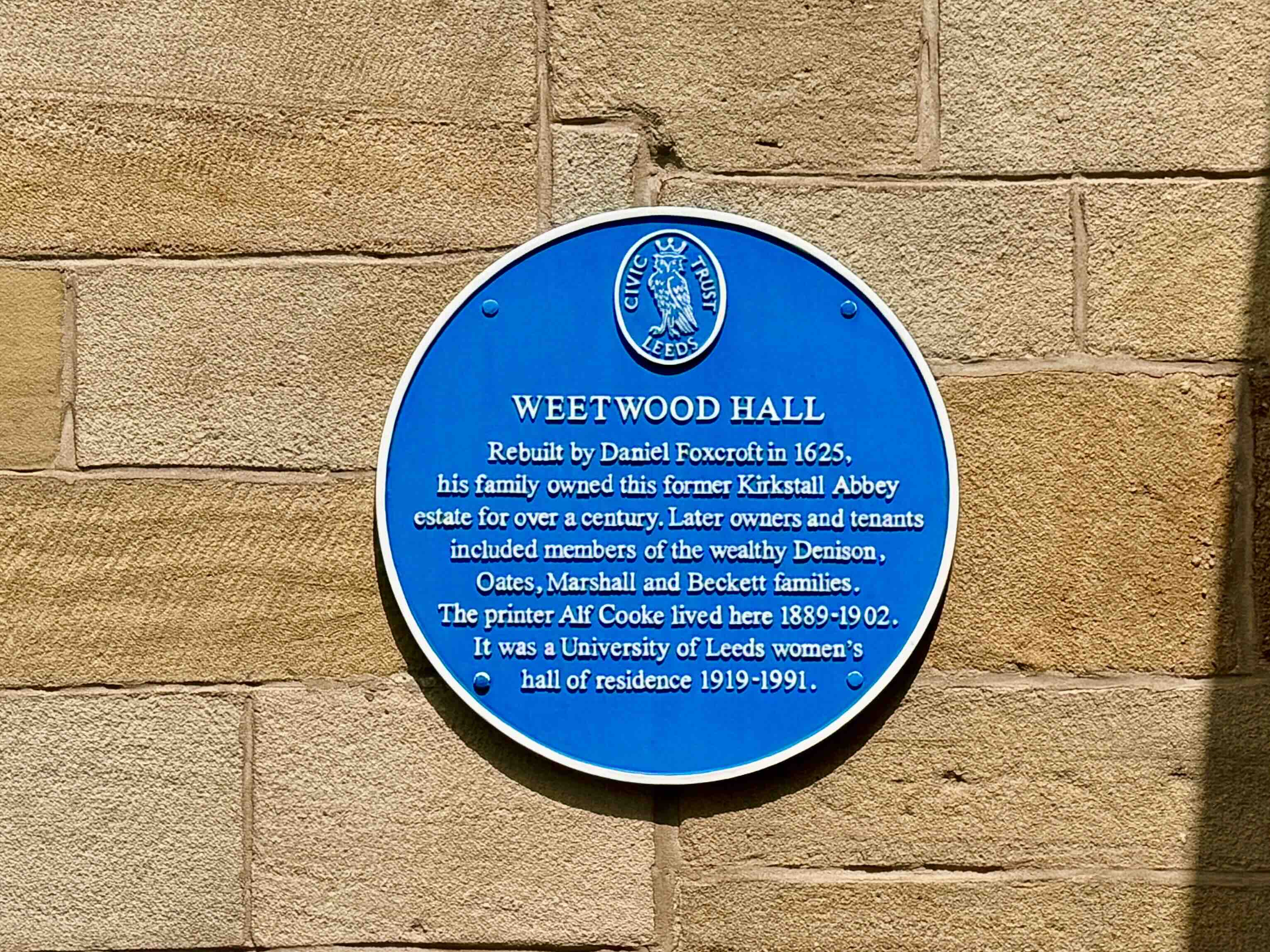 Weetwood Hall Leeds blue historic plaque Photo Bryan Dearsley